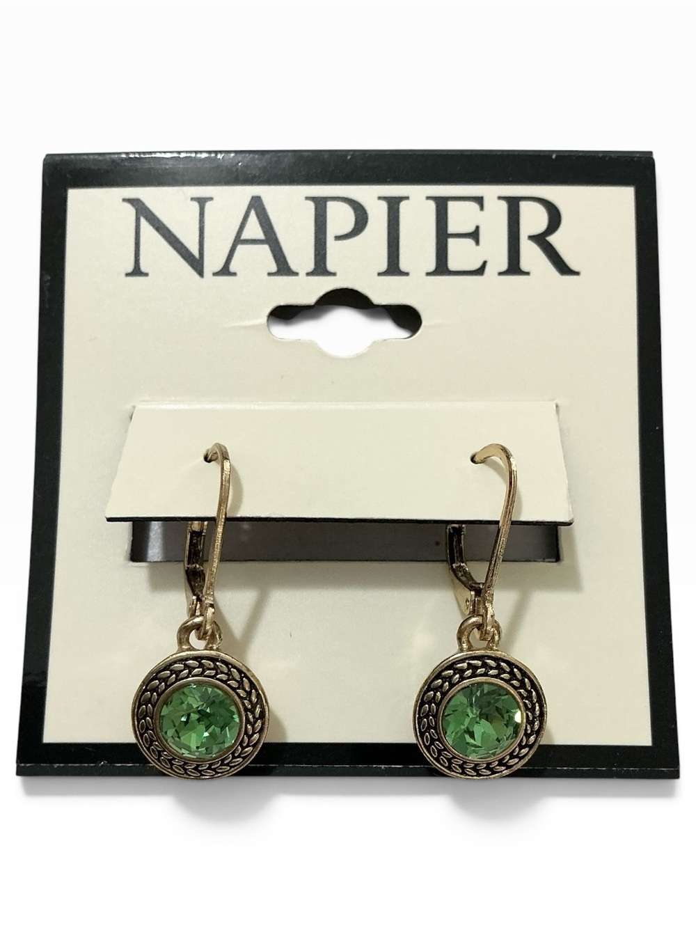 Napier Gold Tone Green Simulated Crystal Drop Leverback Earrings